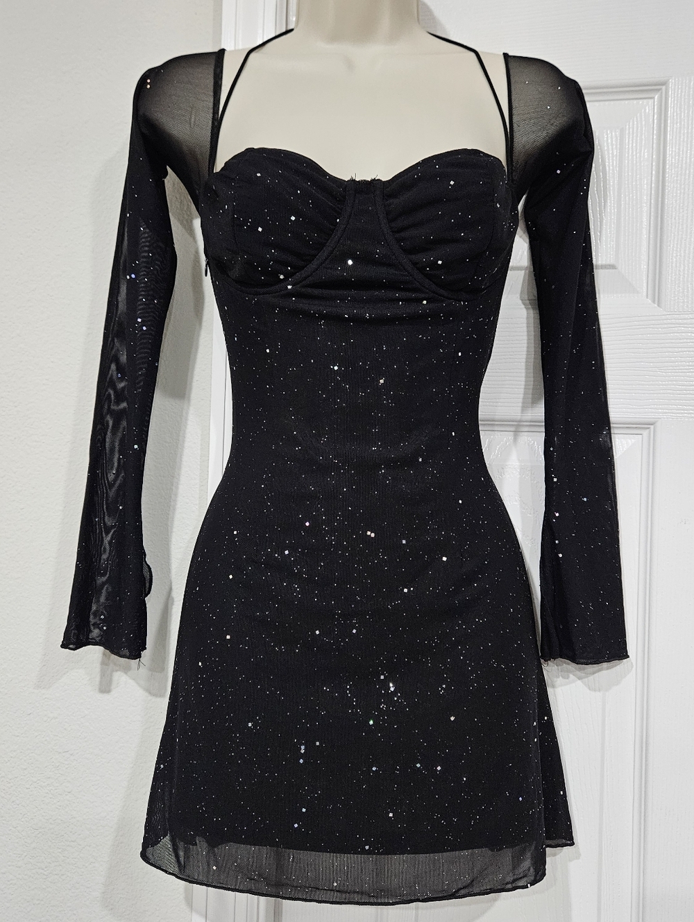 Black Sparkle Mesh Mini Dress with Sheer Long Sleeves